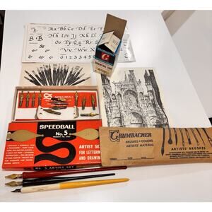 Vintage Lot Artist Lettering Caligraphy Pens Speedball Nibs Grumbacher Ink